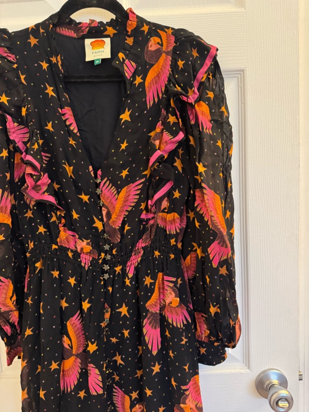 FARM Rio Black Midi Dress with Pink Floral & Star Print NWOT - Picture 7 of 14